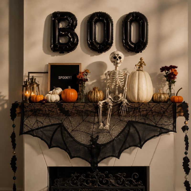 Midnight Veil Spider Web Lace Mantel Scarf