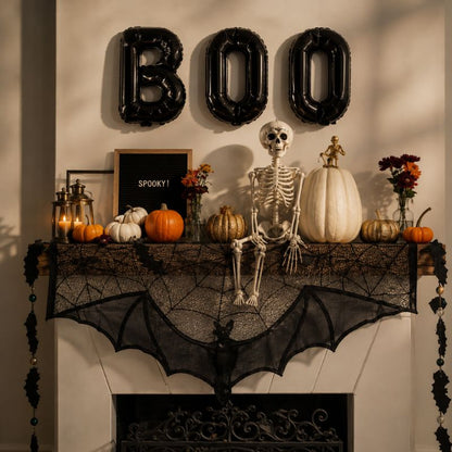 Midnight Veil Spider Web Lace Mantel Scarf